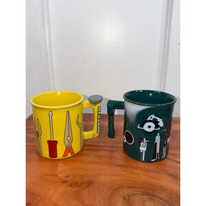 Menards Coffee Mug 3D Tools Graphic Set of 2 Yellow & Green Tool Handles Ceramic